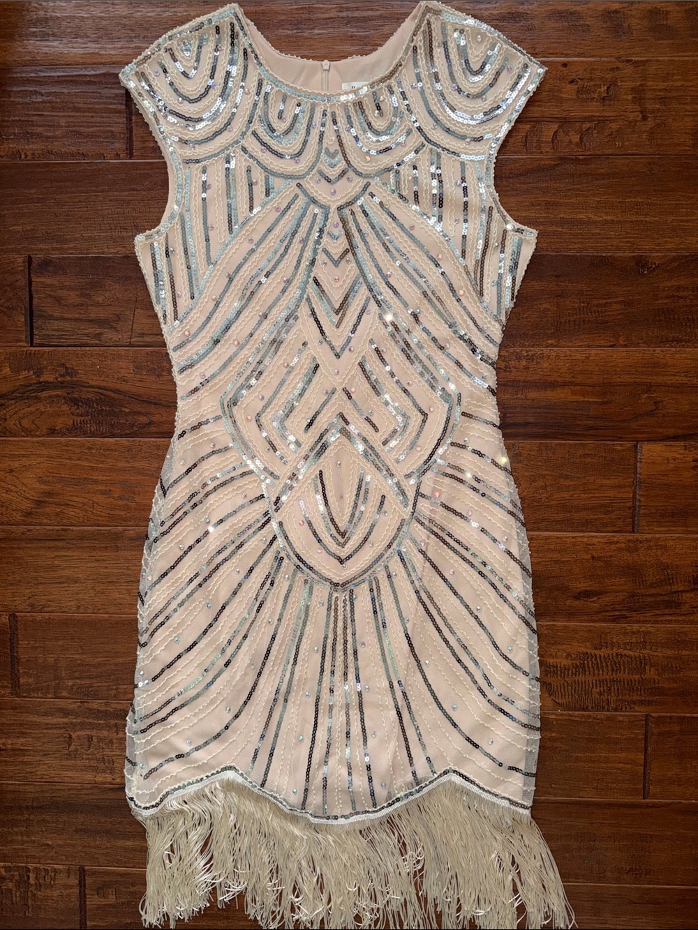 Babeyond Embellished Sequin Cap Sleeve Flapper 1920s dress, Creamy Beige, Medium